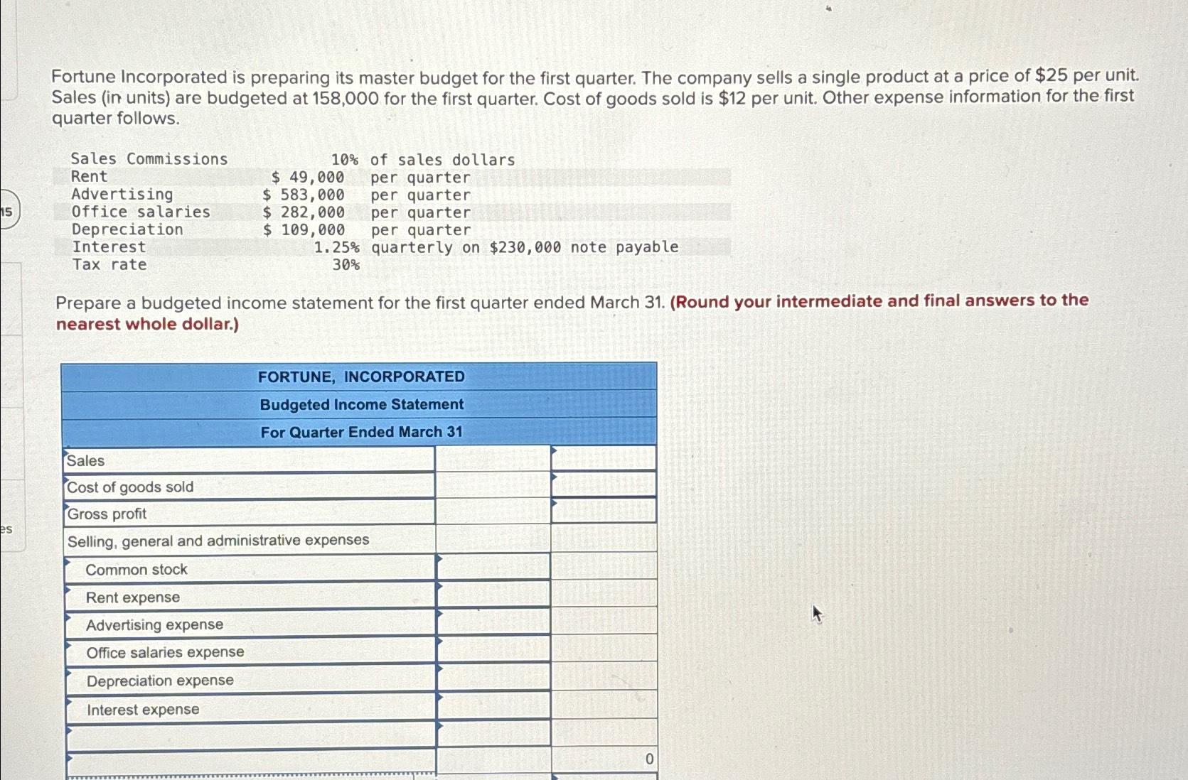  Fortune Incorporated is preparing its master budget for the first quarter.