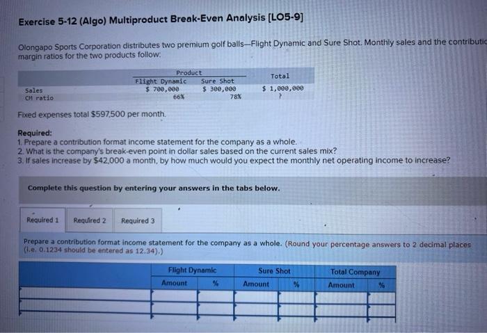 (Algo) Multi product break even analysis Exercise 5-12 (Algo) Multiproduct Break-Even Analysis