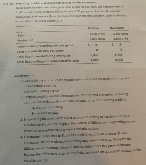  P21-28A Preparing variable and absorption costing income statements Game Store manufactures