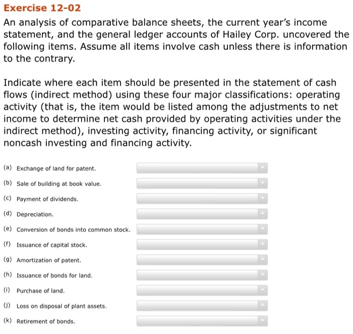  Exercise 12-02 An analysis of comparative balance sheets, the current year's