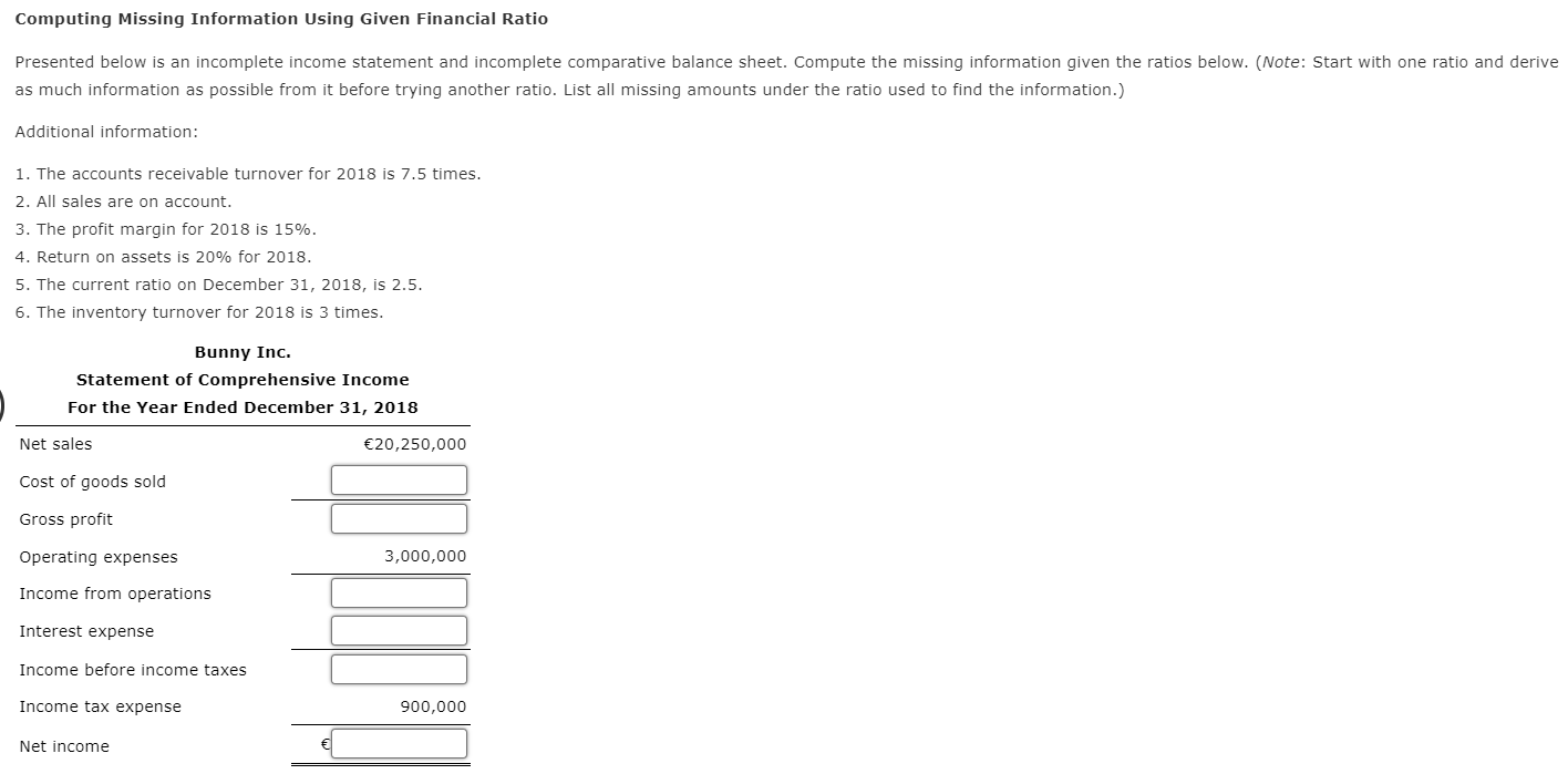 Presented below is an incomplete income statement and incomplete comparative balance sheet.