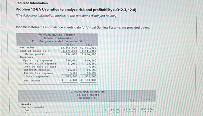 please help asap! Required Information Problem 12-6A Use ratios to analyze risk