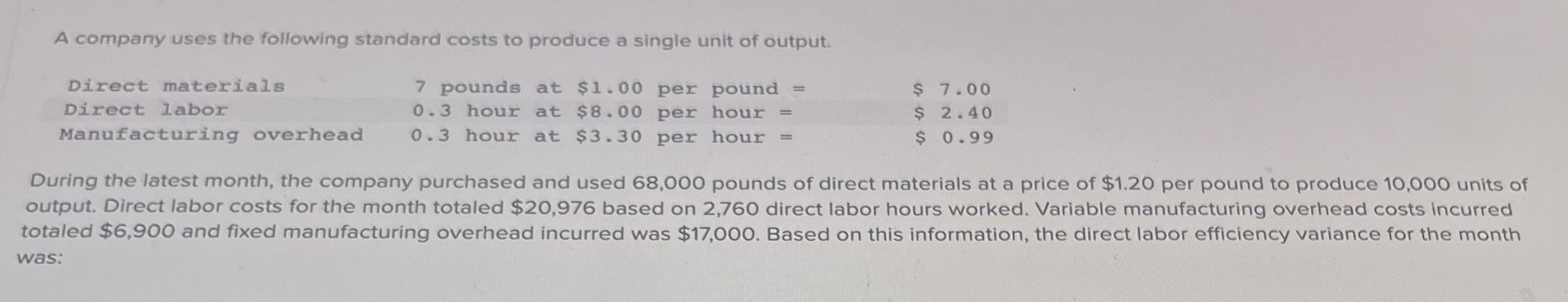  Help Save & Exit Submit A company uses the following standard