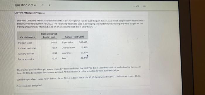  Question 2 of 4 - 125 Current Attempt in Progress Sheffield
