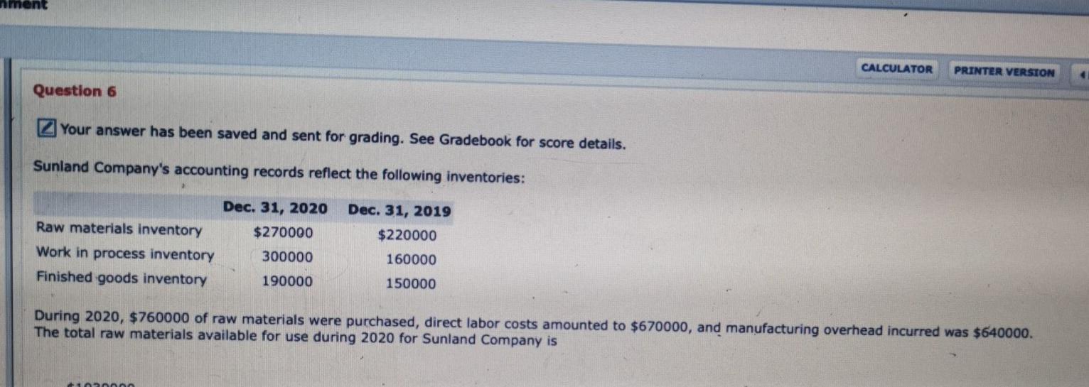 See Gradebook for score details. Sunland Company's accounting records reflect the following