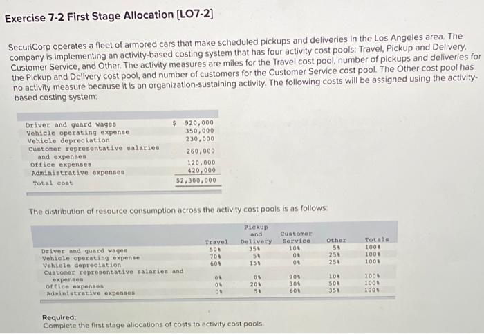 Exercise 7-2 First Stage Allocation (L07-2) SecuriCorp operates a fleet of