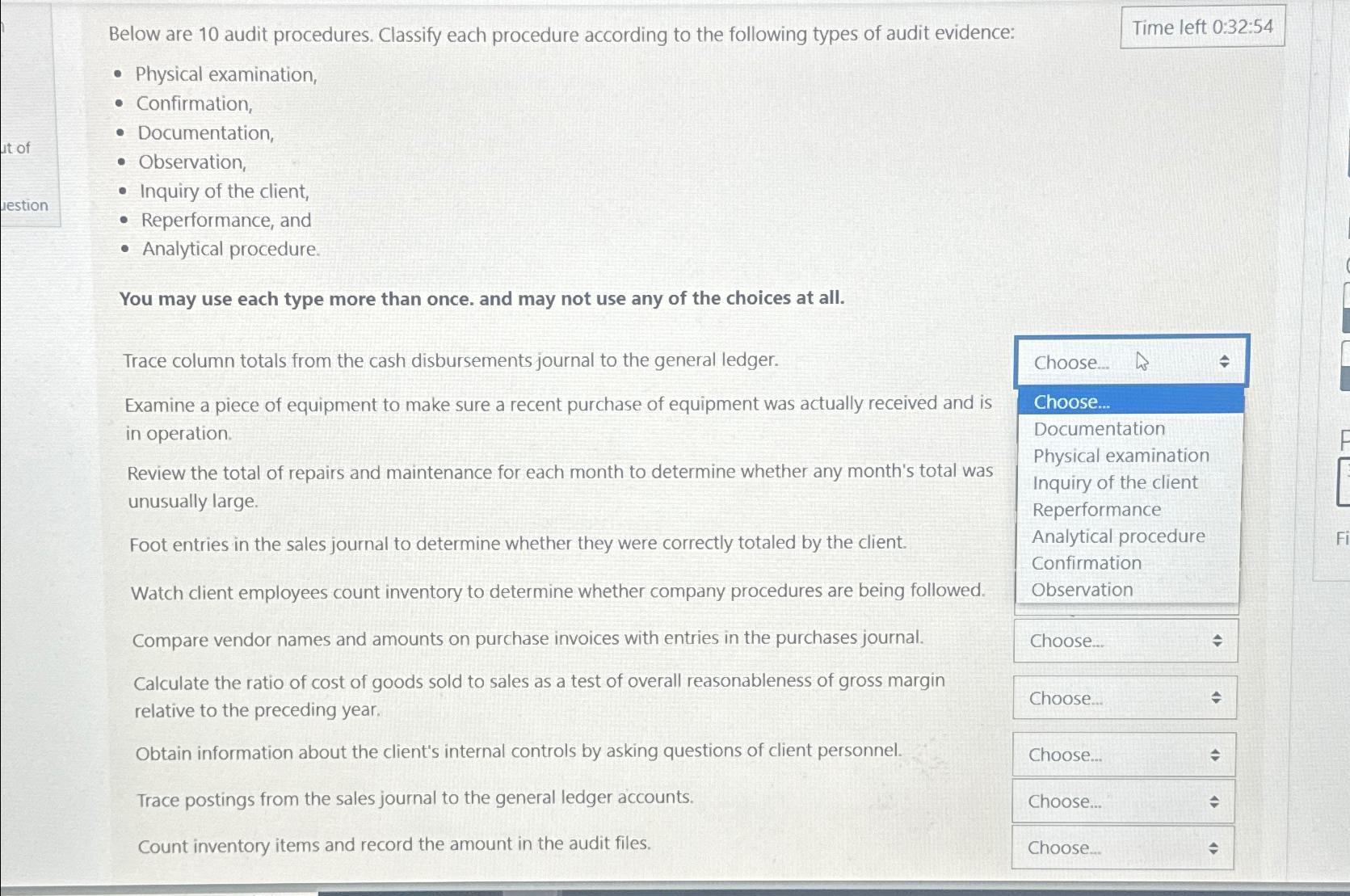  Below are 10 audit procedures. Classify each procedure according to the
