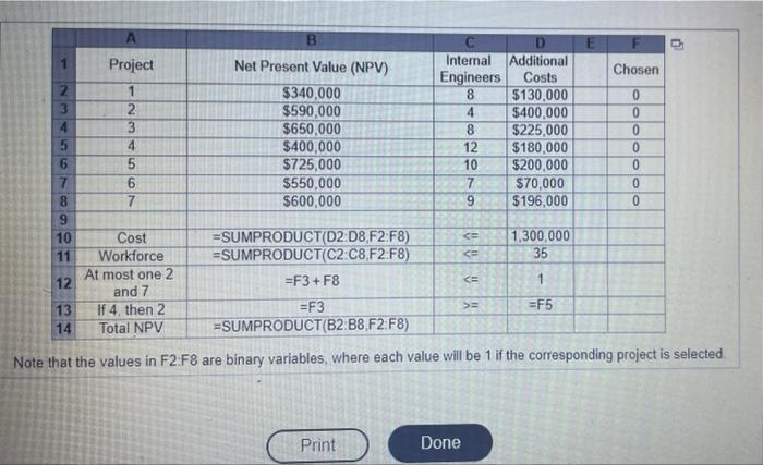  please solve Note that the values in F2:F8 are binary variables,