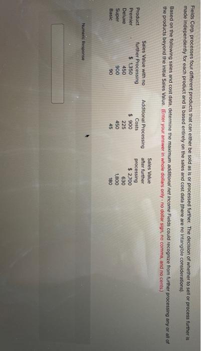  Fields Corp, processes four different products that can either be sold