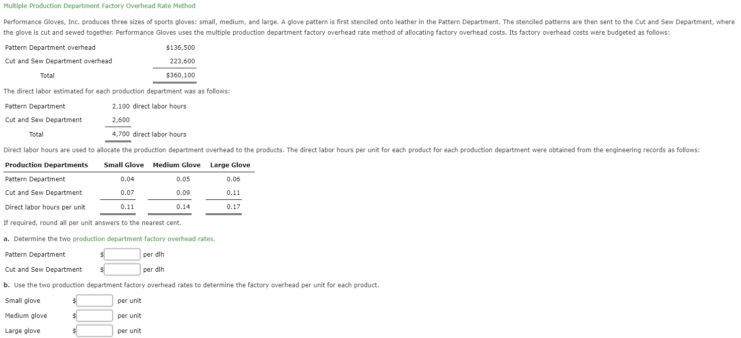 Any help? Multiple Production Department Factory Overhead Rate Method Performance Gloves, Inc.