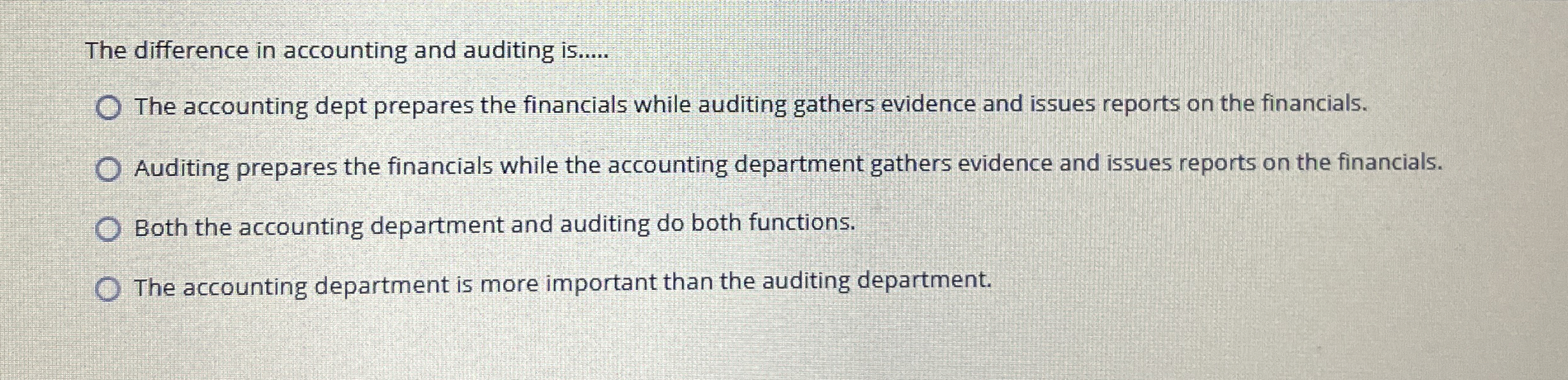  The difference in accounting and auditing is..... The accounting dept prepares