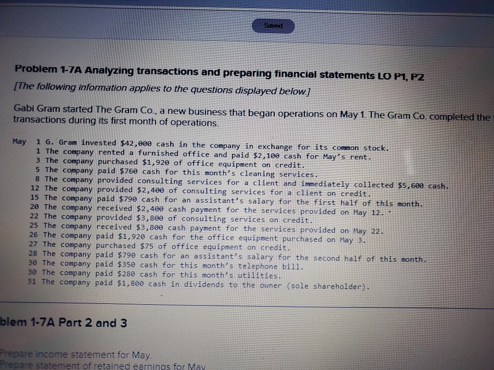  prepare a balance sheet Saved Problem 1-7A Analyzing transactions and preparing