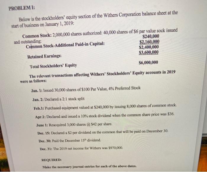 I'll thumbs up.. help PROBLEM I: Below is the stockholders equity section