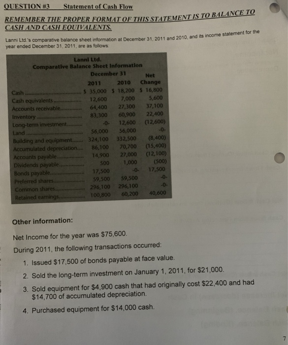  QUESTION #3 Statement of Cash Flow REMEMBER THE PROPER FORMAT OF