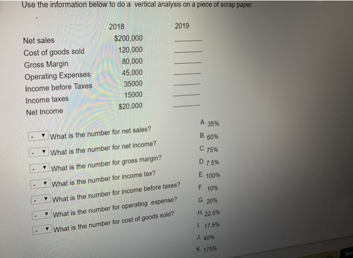  Use the information below to do a vertical analysis on a
