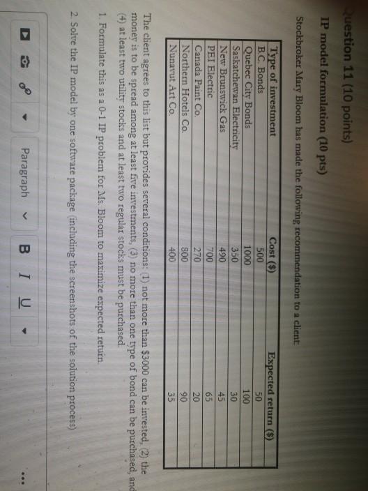 Question 11 (10 points) IP model formulation (10 pts) Stockbroker Mary