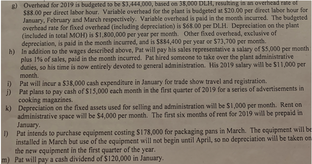 answer, thank you so much g) Overhead for 2019 is budgeted to