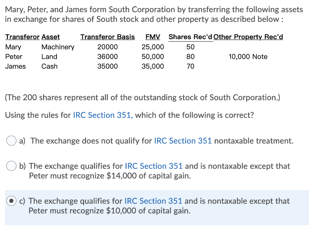  Mary, Peter, and James form South Corporation by transferring the following