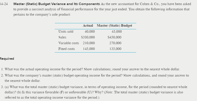 #3 only. 14-24 Master (Static) Budget Variance and Its Components As the