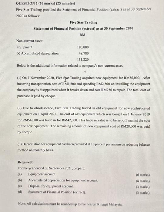 QUESTION 2 (20 marks) (25 minutes) Five Star Trading provided the Statement