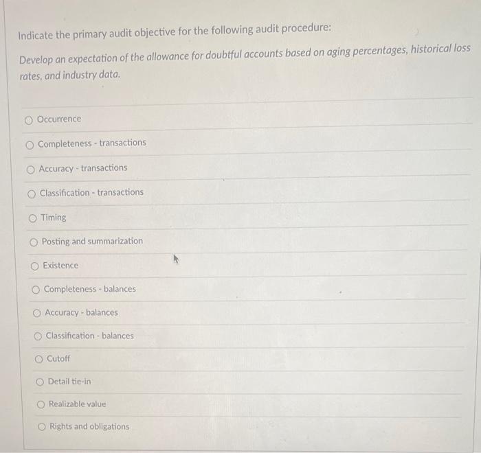  Indicate the primary audit objective for the following audit procedure: Develop