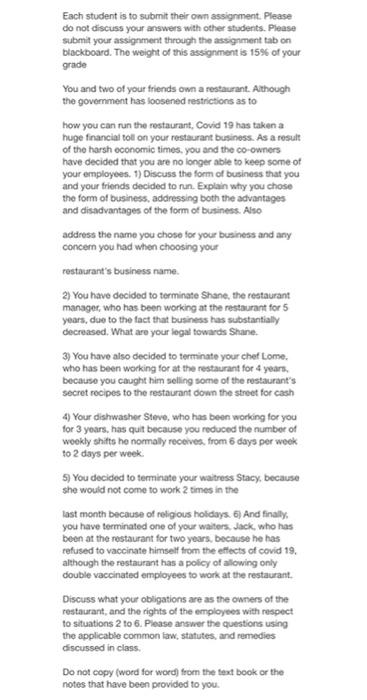  Each student is to submit their own assignment. Please do not