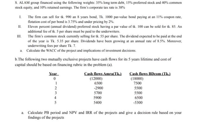  S. ALAM group financed using the following weights: 35% long term