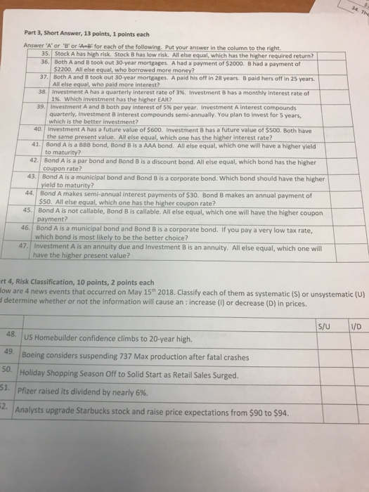  34. The Part 3, Short Answer, 13 points, 1 points each