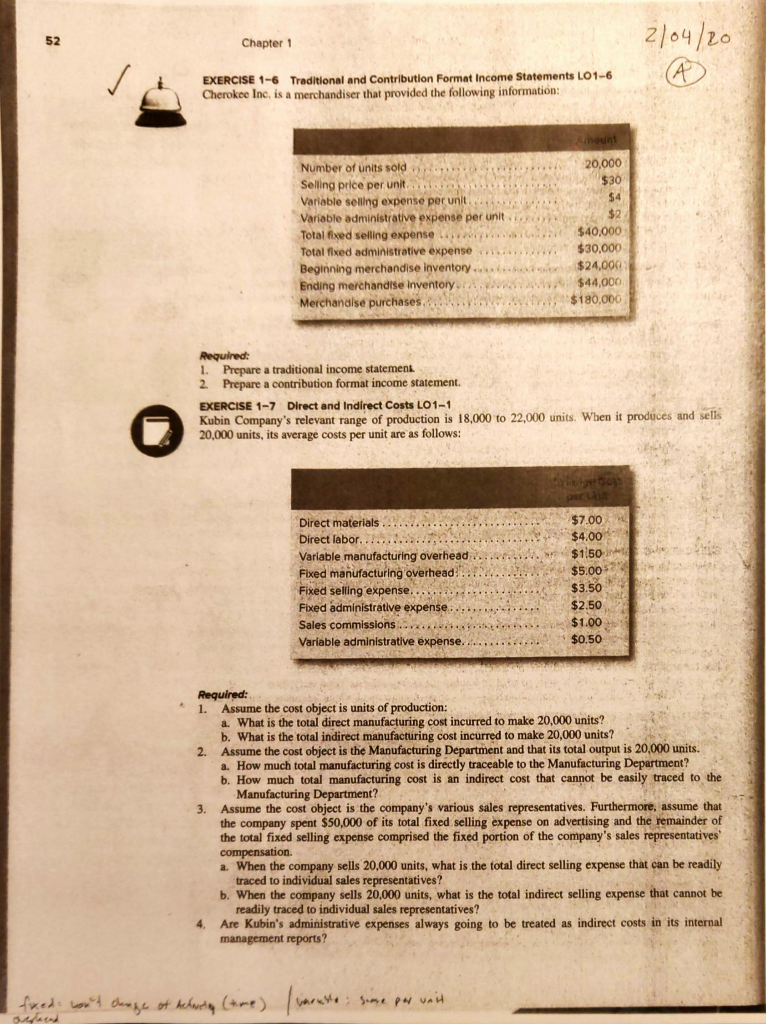  Exercise 1-9 Fixed, Variable, and Mixed Costs LO1-4 Refer to the