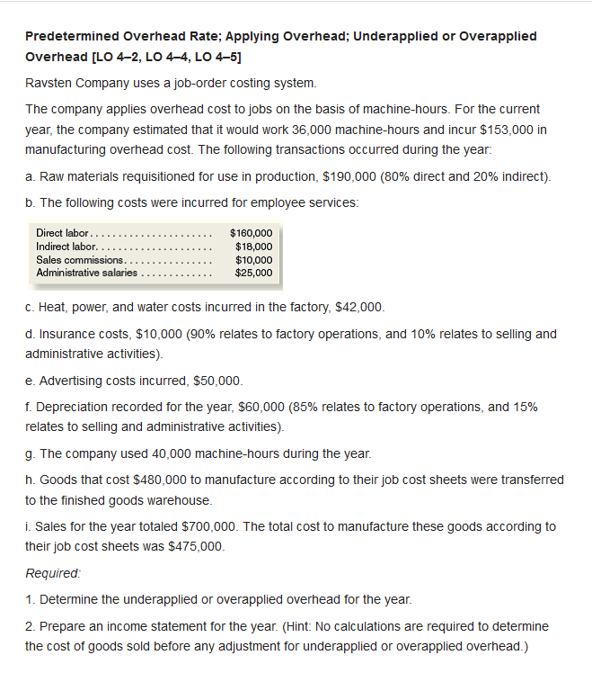  Predetermined Overhead Rate; Applying Overhead; Underapplied or Overapplied Overhead [LO 4-2,