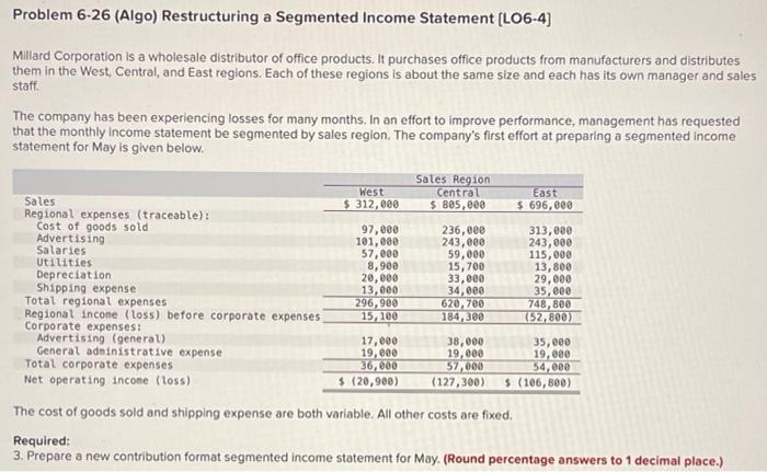  Problem 6-26 (Algo) Restructuring a Segmented Income Statement (L06-4) Millard Corporation