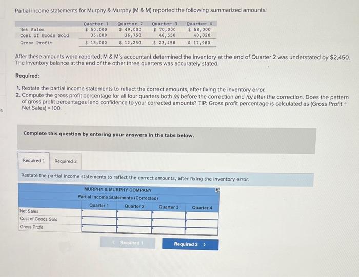  Need help! Partial income statements for Murphy \& Murphy (M \&