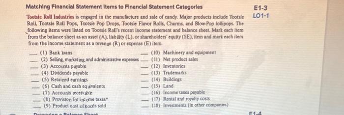  E1-3 LO1-1 Matching Financial Statement Items to Financial Statement Categories Tootsie