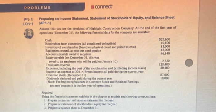  PROBLEMS sconnect P1-1 101-1 D Preparing an Income Statement, Statement of