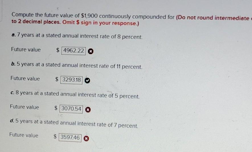 Compute the future value of $1,900 continuously compounded for (Do not