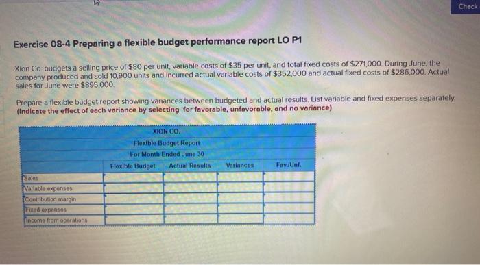  Check Exercise 08-4 Preparing a flexible budget performance report LO P1
