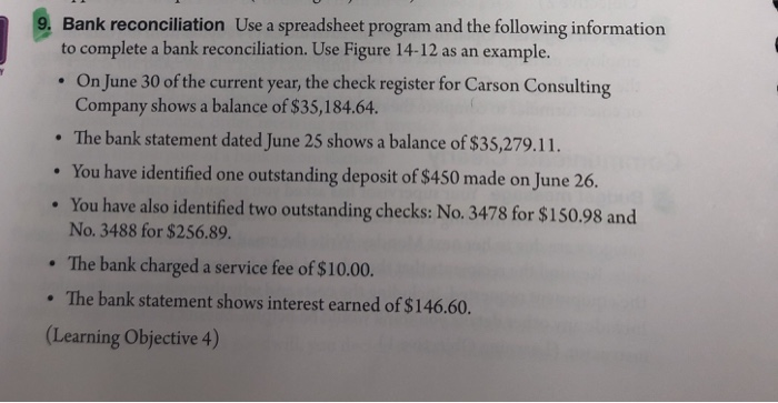  Bank reconciliation Use a spreadsheet program and the following information to