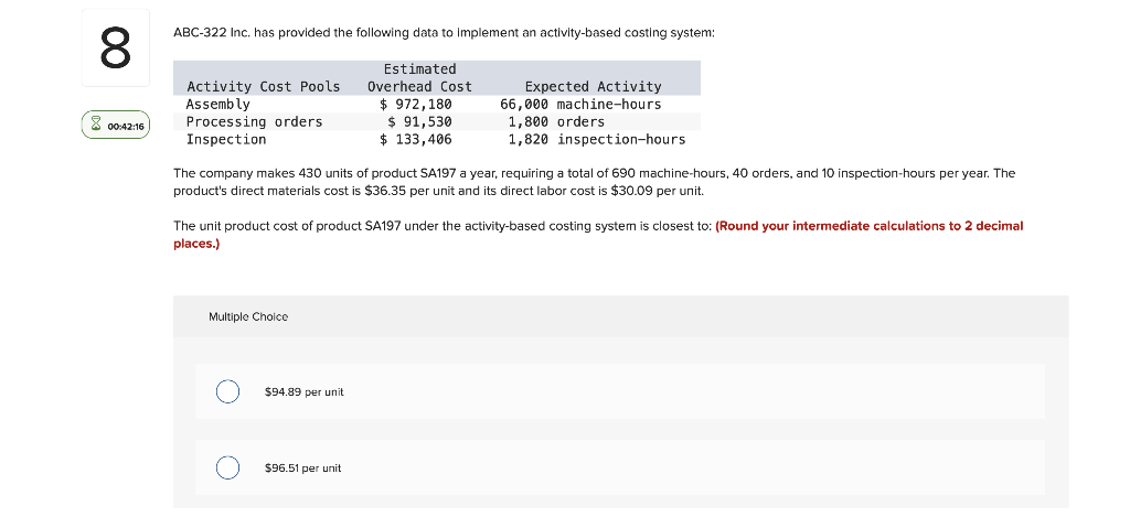  ABC-322 Inc. has provided the following data to Implement an activity-based