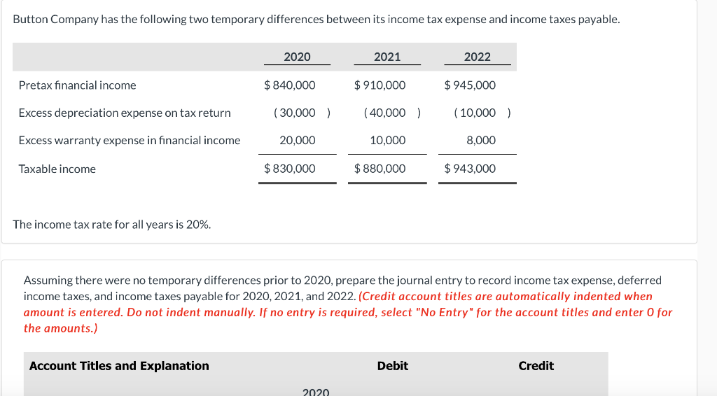  Button Company has the following two temporary differences between its income