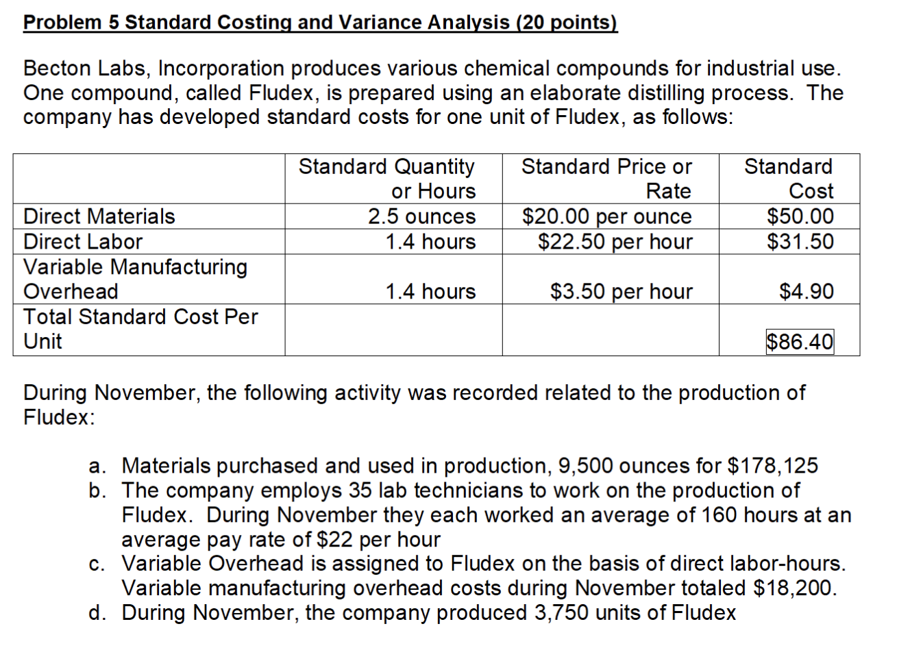Problem 5 Standard Costing and Variance Analysis (20 points) Becton Labs,