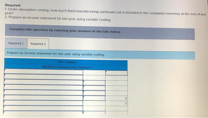  Required: 1. Under absorption costing, how much fixed manufacturing overhead cost