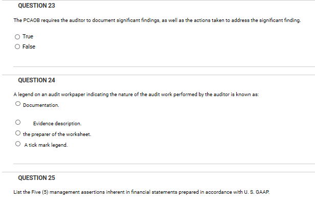 QUESTION 23 The PCAOB requires the auditor to document significant findings,