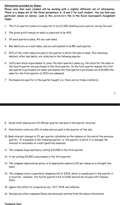  Information provided by Emma: Please note that each student will be