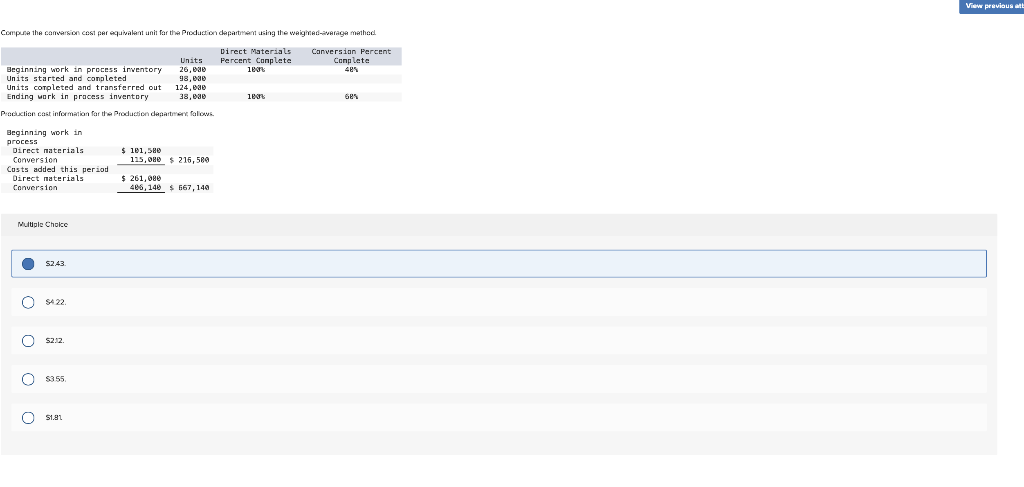 47. Compute the conversion cost per equivalent unit for the Production department