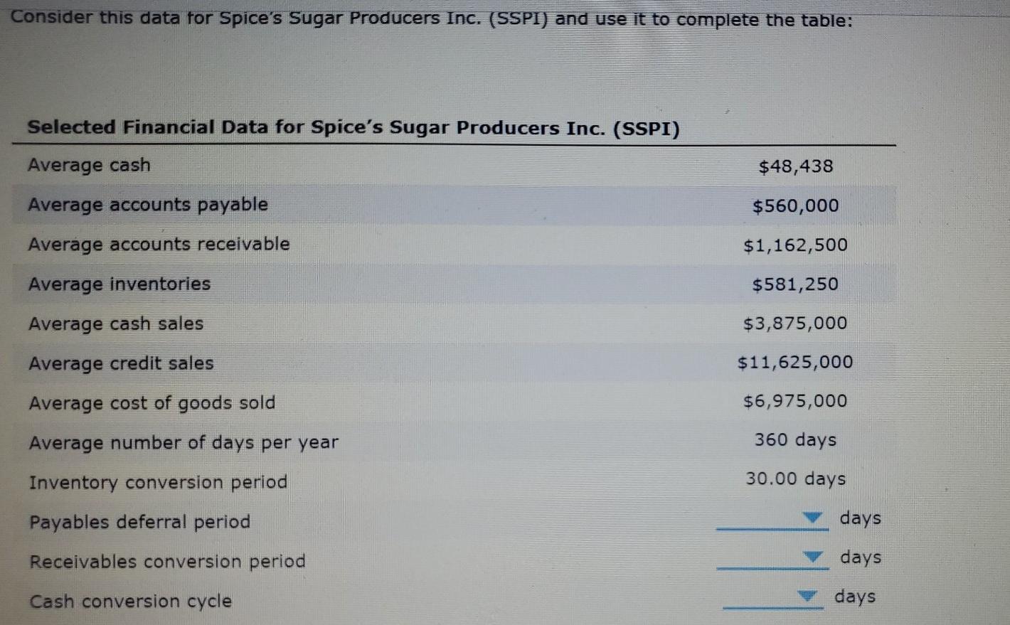 please solve for the 3 drop downs Consider this data for
