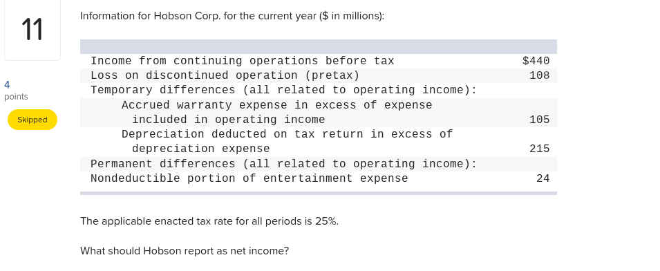 please, answer the question below. Information for Hobson Corp. for the current