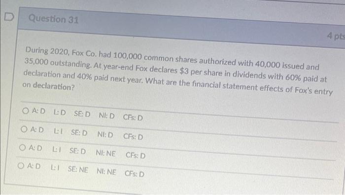 answer 31 & 32 D Question 31 4 pts During 2020, Fox