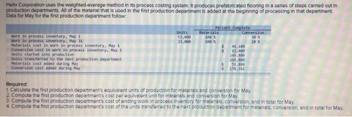  Helix Corporation uses the weighted average method in its process costing