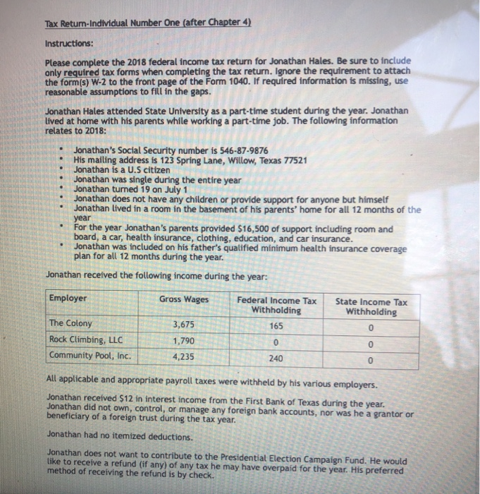  Tax Return-Individual Number One (after Chapter 4) Instructions: Please complete the