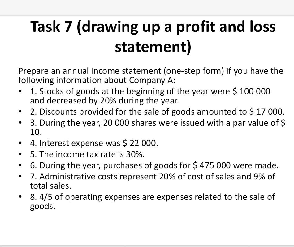  Task 7 (drawing up a profit and loss statement) . Prepare